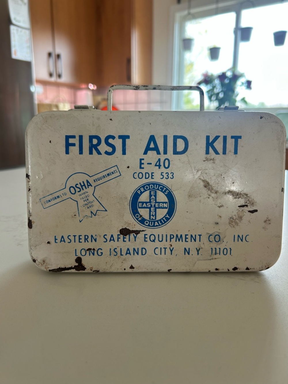 Vintage White and Blue Metal First Aid Kit